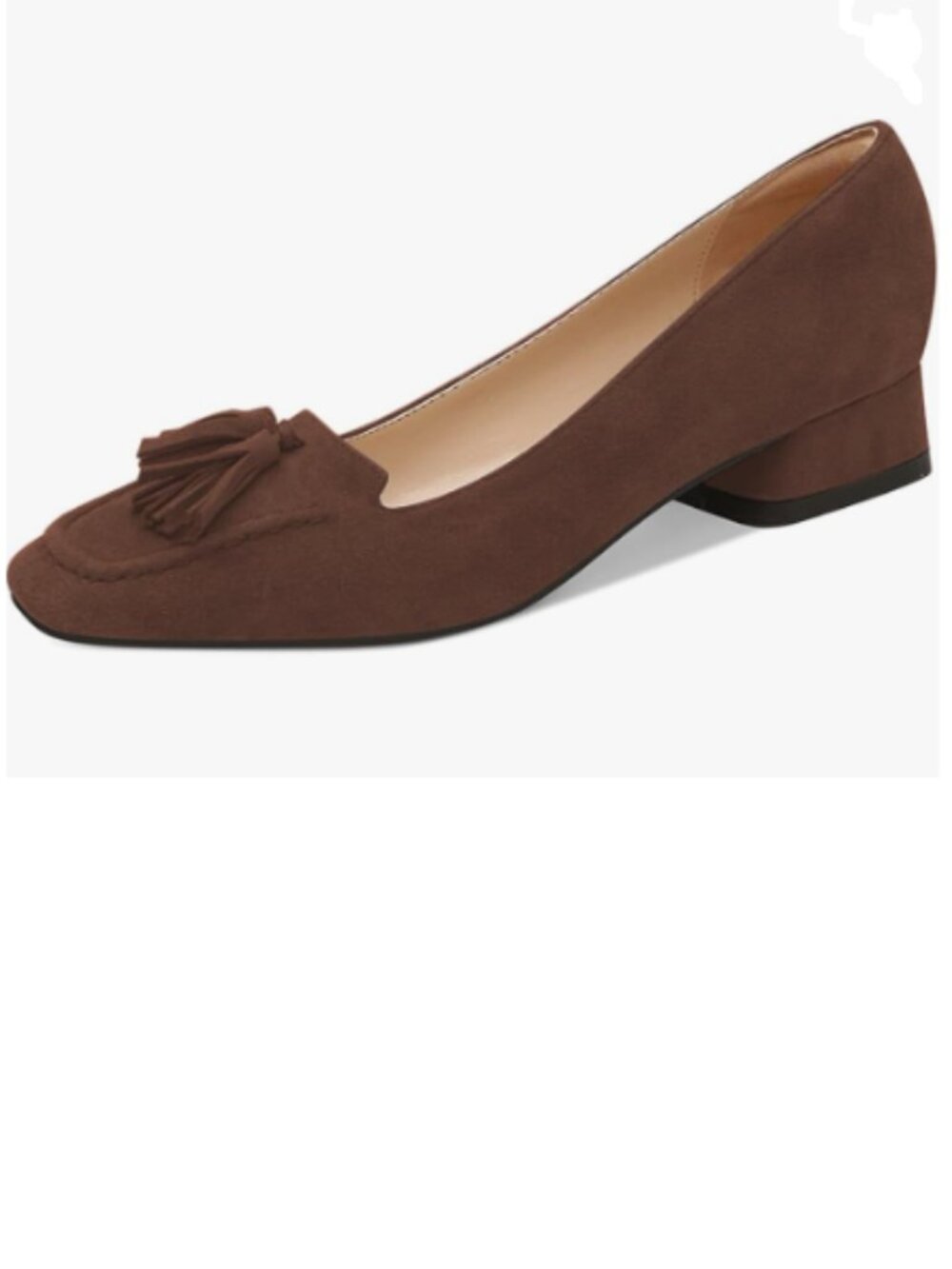 YDN Brown Block Low Heel Loafer Square Toe Tassel Fringe Pump Slip On Dress Shoe